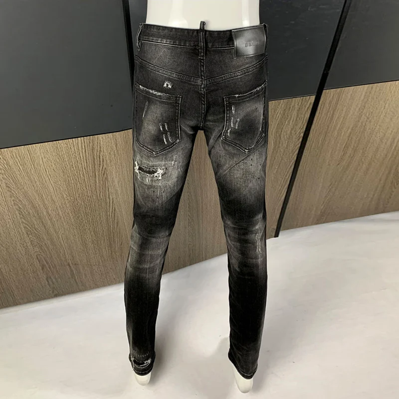 Street Fashion Men Jeans High Quality Retro Black Gray Stretch Slim Fit Ripped Jeans Men Patched Designer Hip Hop Brand Pants