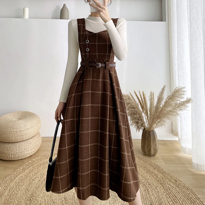 Autumn Winter Sweet Plaid Woolen Two Piece Dress Set Women Sweater