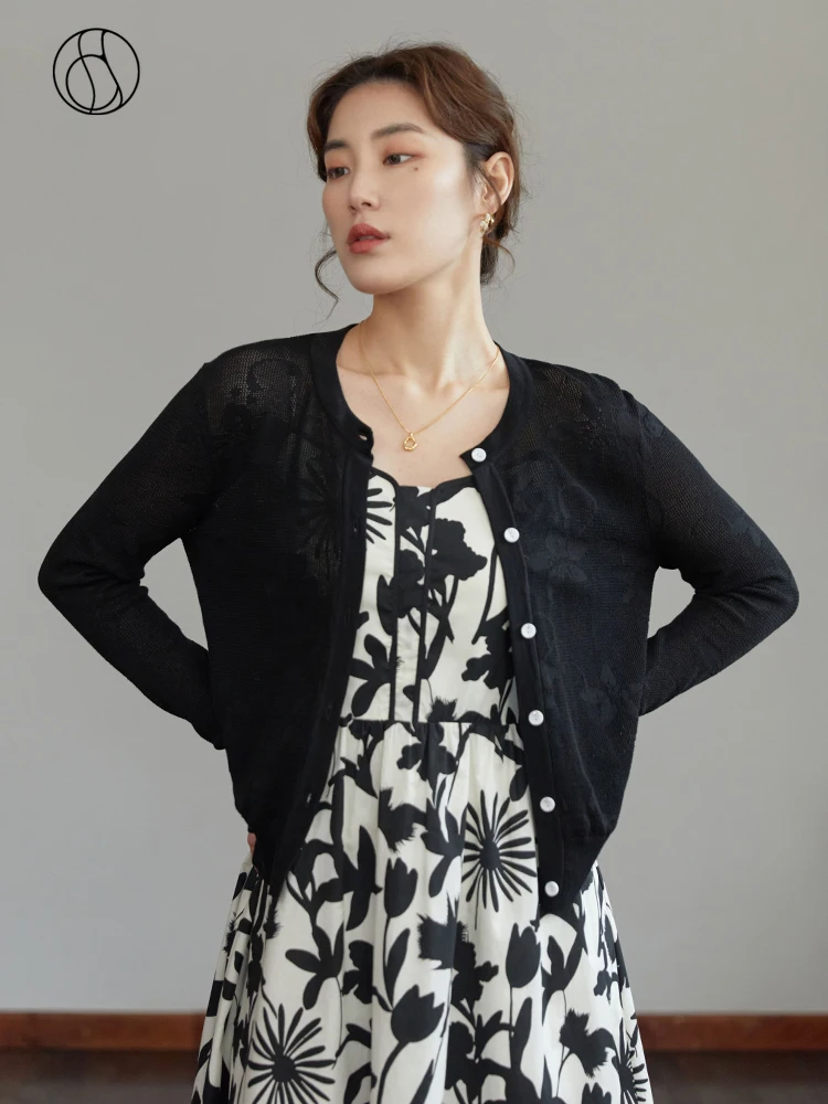 

DUSHU Slightly Fat Lady Round Neck Full Regular Sleeve Black Cardigans Simple Single-breasted Knitted Cardigan Office Lady Solid