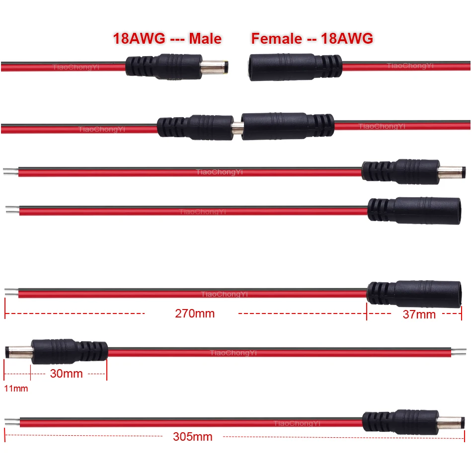 High-Quality 18 AWG Male-Female Power Cable with DC Connector - 30cm, 5A, 2-Pin Adapter Wire