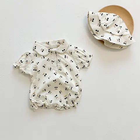 Small Floral Playsuit for Girls Korean Cherry Print Babies Short Sleeve Triangle Romper Newborn Baby Clothes