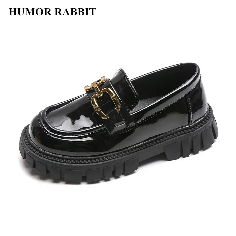 Princess Shoes 2022 Spring Black Loafers Baby Boys School Shoes Metal Kids Fashion Casual PU Glossy Children Cute Mary Janes New girl s mary janes love heart glitter stylish sparkly children ballet flats sliver 21 30 sweet spring elegant kids shoe