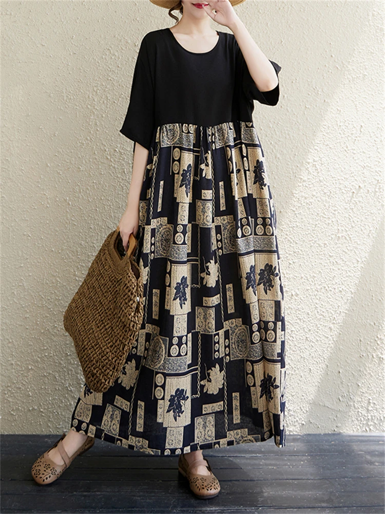 Summer Cotton Vintage Casual Loose Women Dresses Short Sleeve Patchwork Dress Femme Vestidos Office Lady Elegant Long Clothing