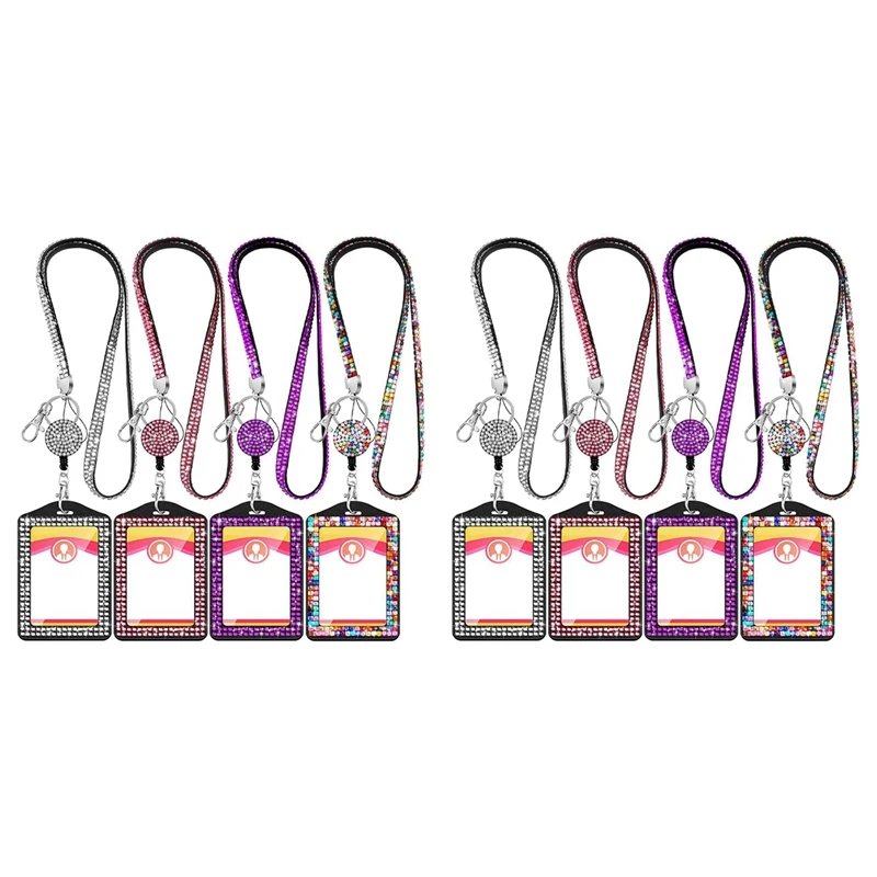 

8 Sets Rhinestone Lanyard ID Card Holder Crystal Retractable Badge Reel Rhinestone Neck Lanyard Card Holder