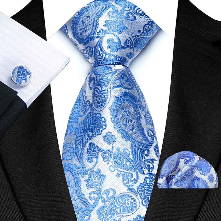 Luxus 3Pcs Sky Blue Lake Blue Männer Krawatte Hanky Manschettenknöpfe Set Jacquard 8cm Krawatte für Männliche Hochzeit business Party Zubehör Geschenk – Detail 16