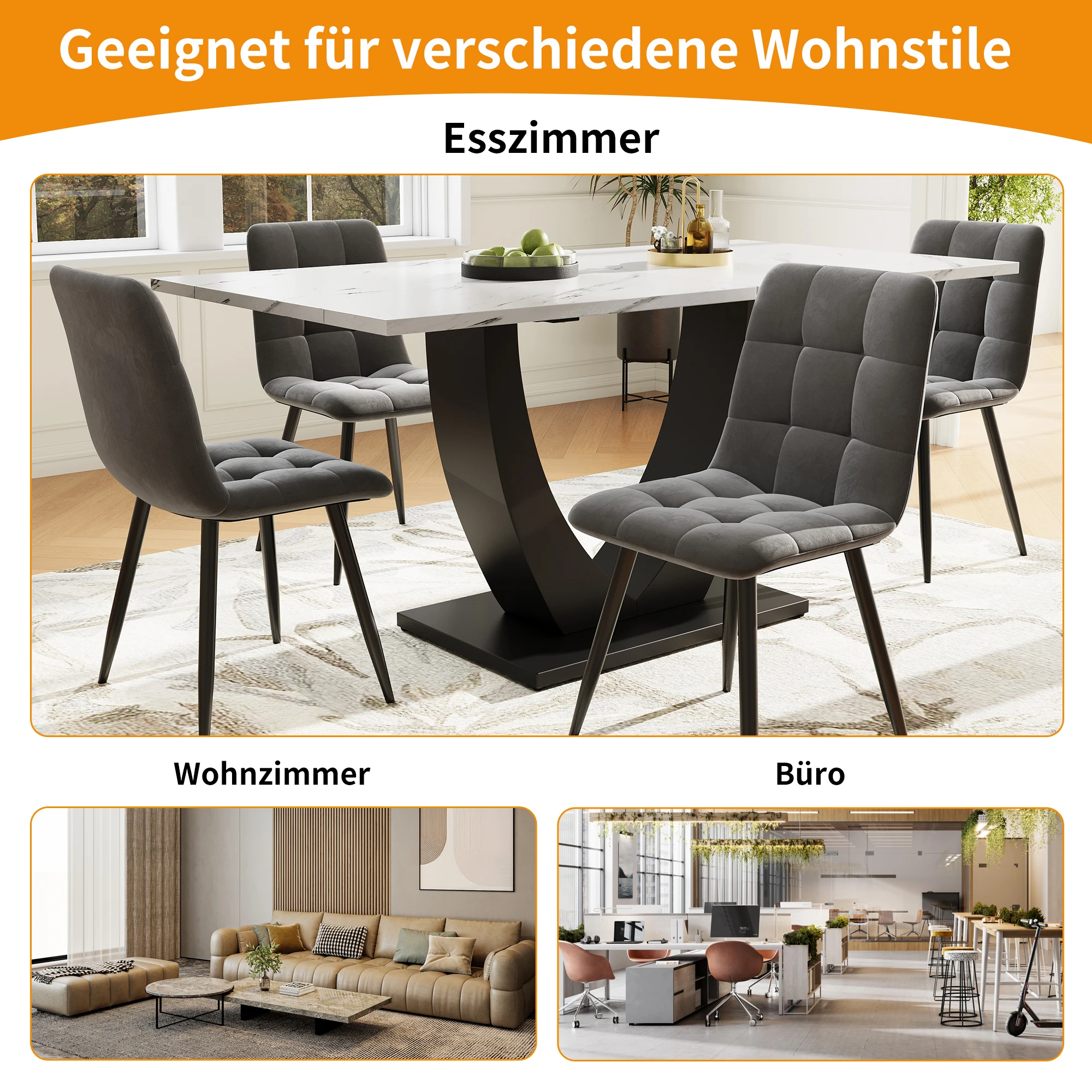 Esstisch-Set (5-teilig), Esstisch-Set mit 4 Stühlen, Küchentisch im U-förmigen Design, marmorierte Arbeitsplatte, Samtstühle – Detail 3