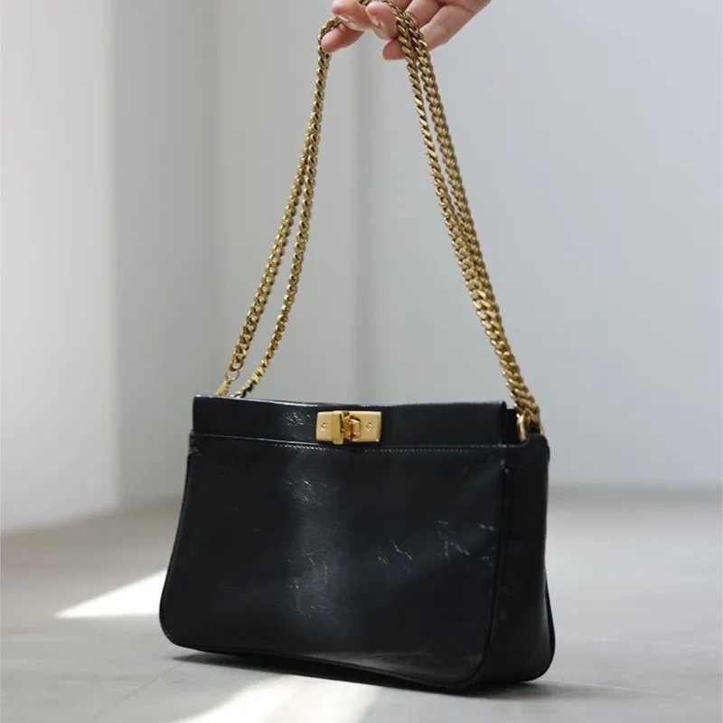 Retro Chain Minimalist Design Shoulder Bag Women Buckle Texture Leather Square Handbag Ladies Black Casual Commute Crossbody Bag