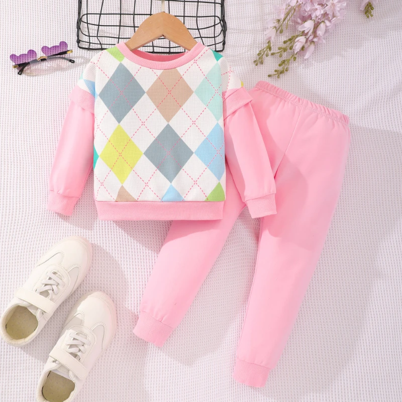 

Children's Suit Spring and Autumn Girls Plaid Printed Long-sleeved Crewneck Hoodie + Solid Color Pants Two-piece Set