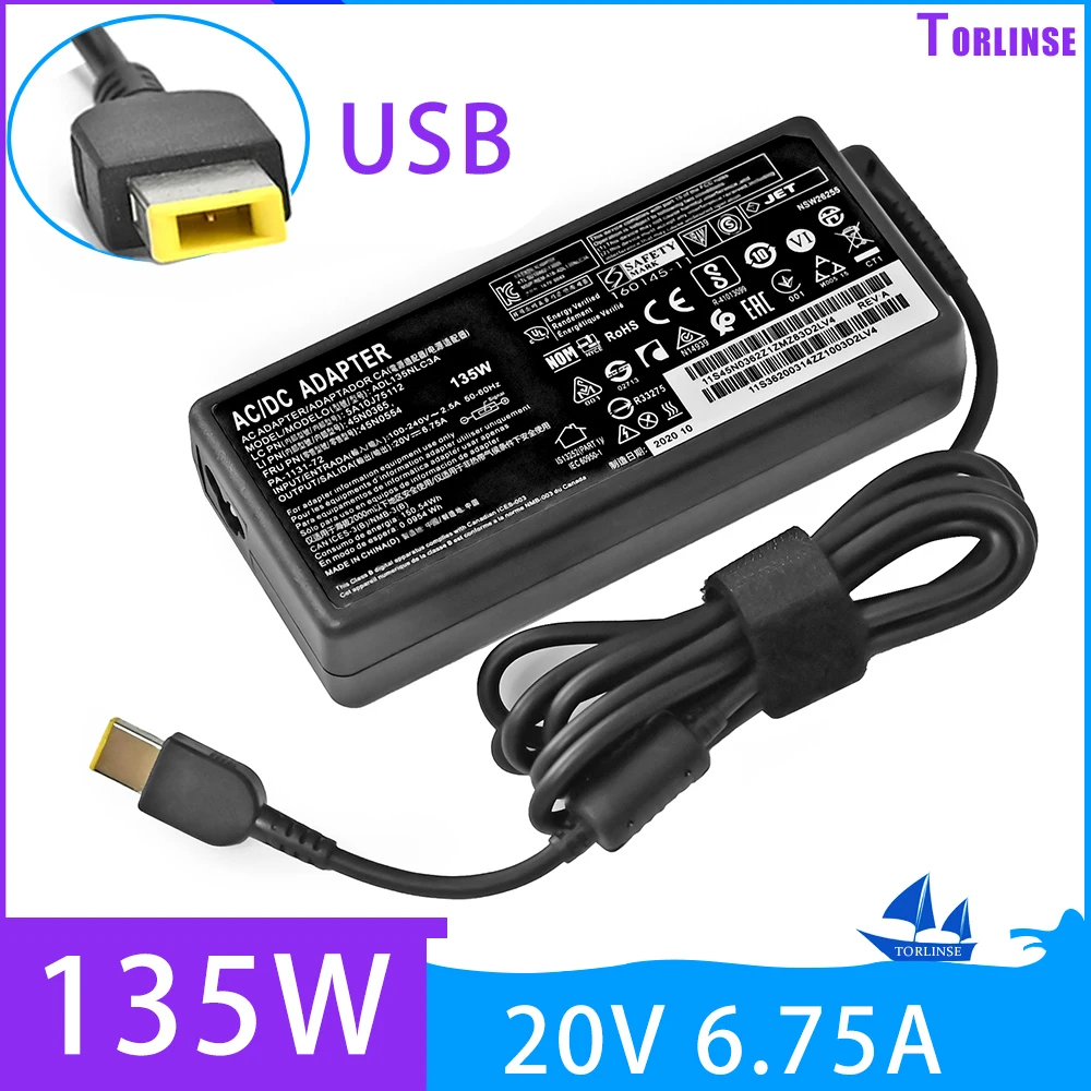 Laptop Adapter 135W 20V 6.75A USB Notebook Charger For Lenovo T440p Y50-70 R720 Y700 T540p P51 P52 S5 ADL135NLC3A Power Supply