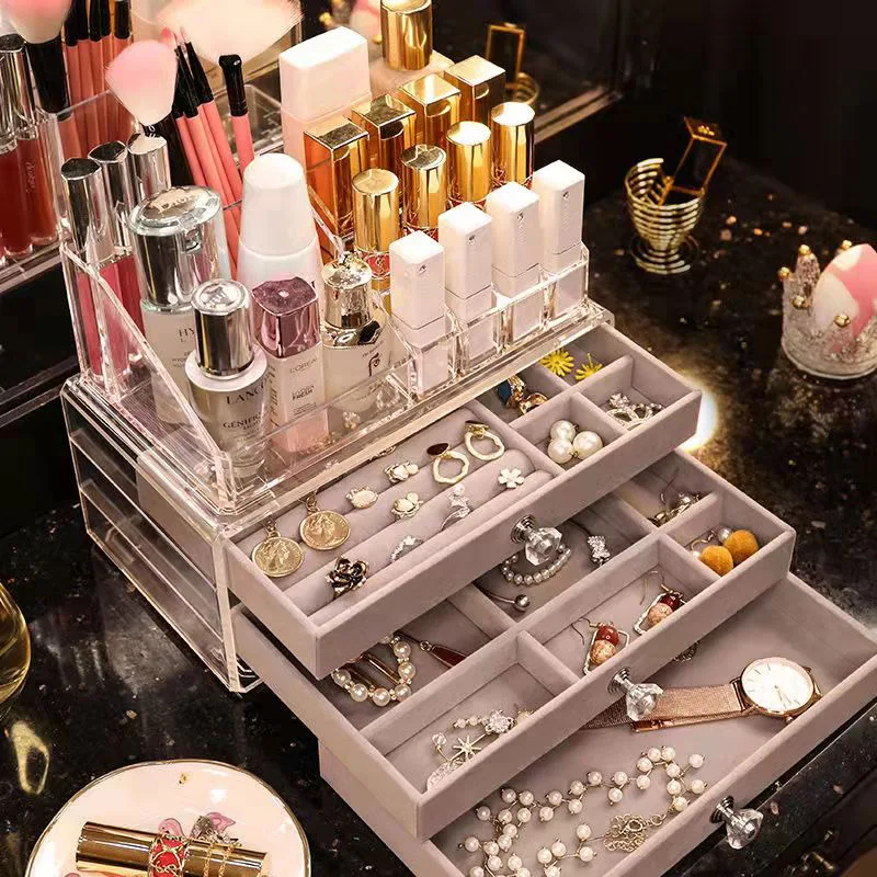 Pink Acrylic Jewelry Organizers Boxes Earrings Ring Necklace Velvet Storage Case Lipstick Makeup Organizer Display Stand Holder 2023 new double layer jewelry box convenient earrings and earrings jewelry storage bag lipstick ring storage box