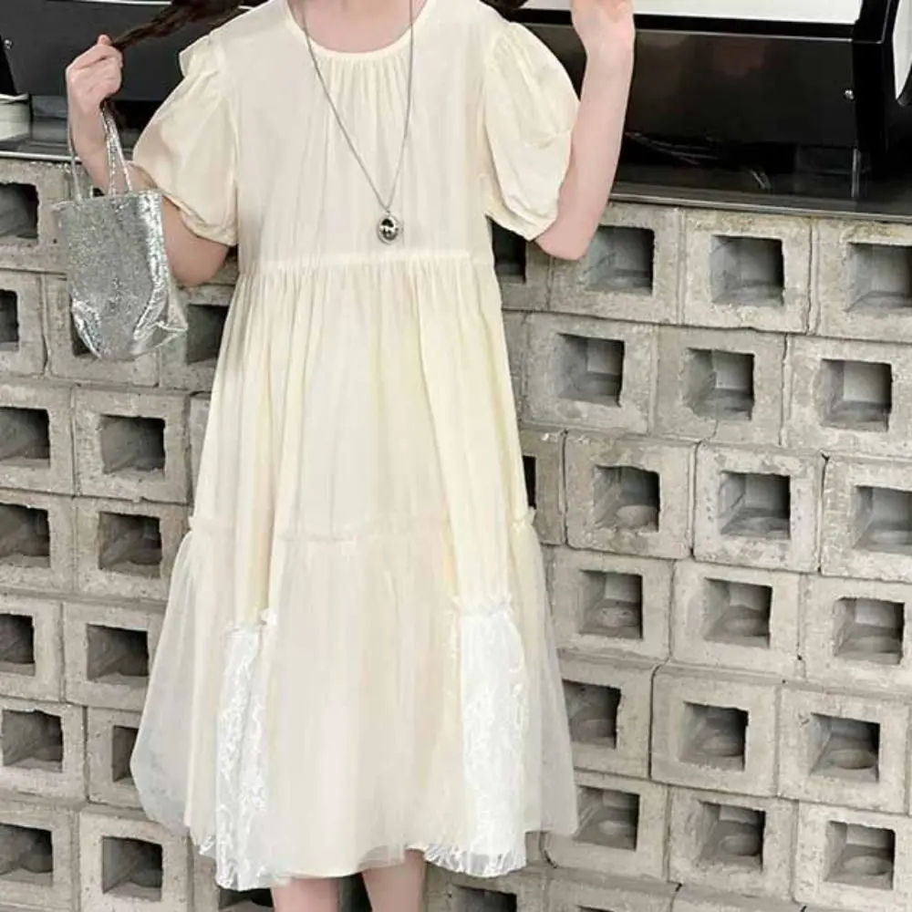 Fashion Loose Girls Puff Sleeve Dress Lace Teenagers Summer Kids Dresses Party Beach Vacation Children Princess Dress Students