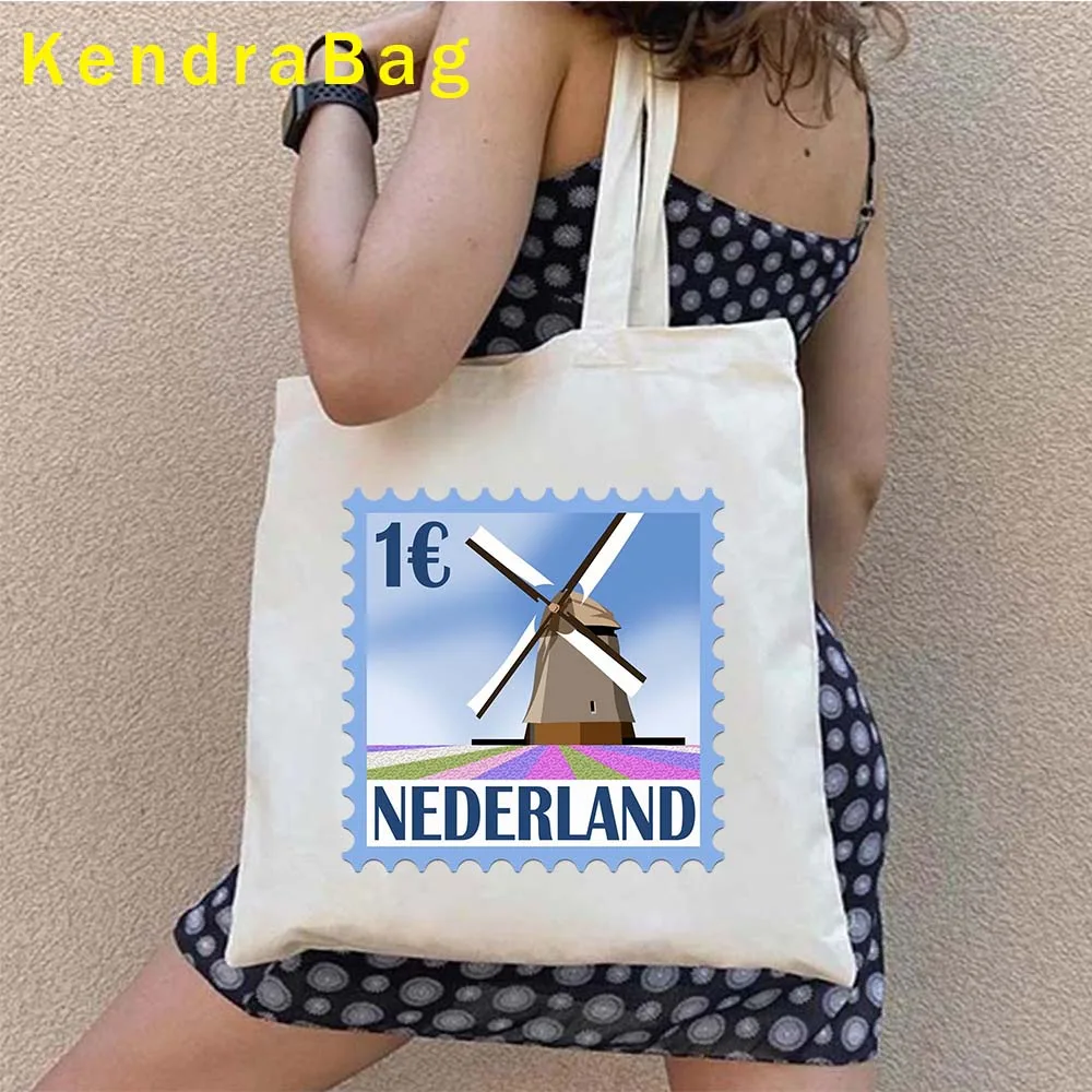 Amsterdam Canal Houses Skyline Landmark Netherlands Windmill Holland Vintage Travel Shopper Harajuku Canvas Tote Bag Eco Handbag 3