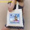 Amsterdam Canal Houses Skyline Landmark Netherlands Windmill Holland Vintage Travel Shopper Harajuku Canvas Tote Bag Eco Handbag 3