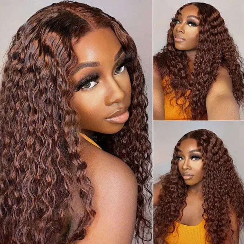 Brown Lace Front Wig Water Wave 100% Human Hair Wig For Women Curly Pre-plucked Transparent Lace Closure BOBBI human hair wig,lace front wigs