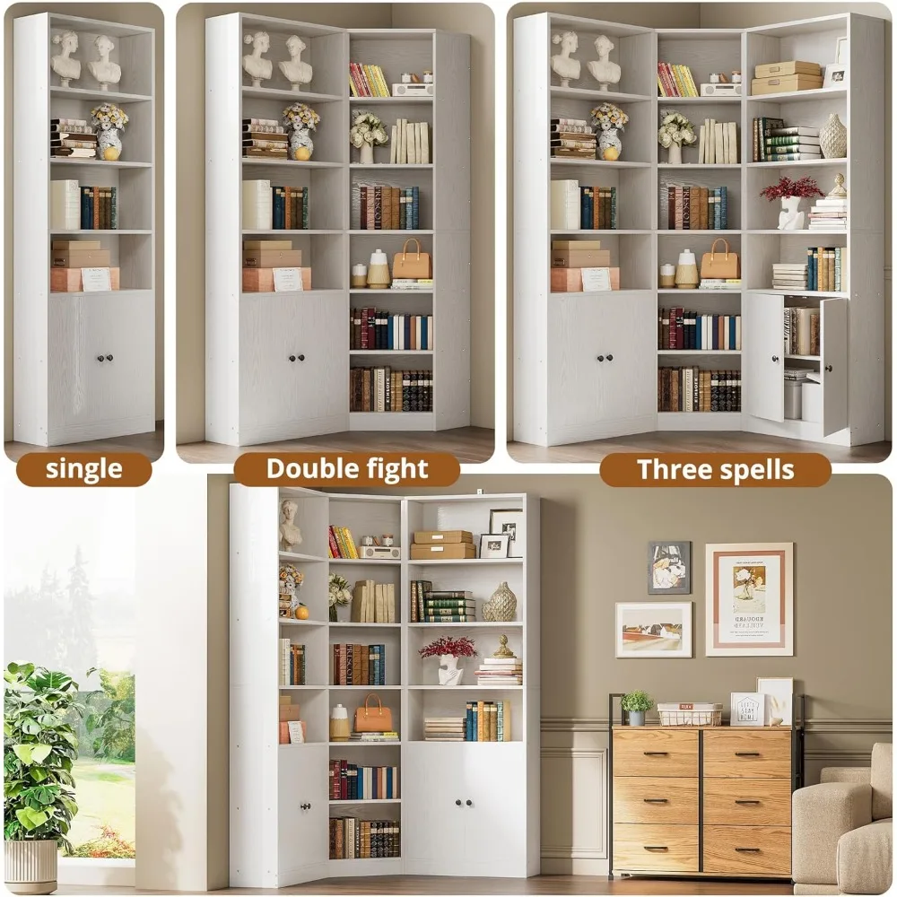 Corner Bookshelf and Bookcase with 2 Storage Cabinets and 7 Tier Adjustable Shelves, 71" Height Storage Shelves Corner Combinat 3