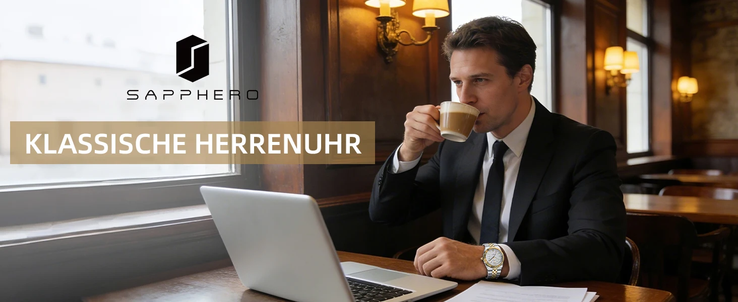 SAPPHERO Herren Quarzuhr, Edelstahlarmband, Datumsanzeige & Leuchtzeiger, 50M Wasserdicht, Business-Luxusuhr für Freizeit, Elegantes Geschenk für Männer – Detail 1