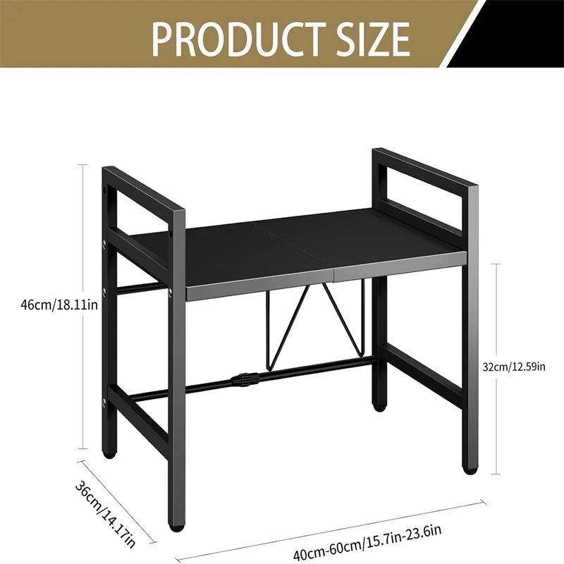 Adjustable Space-Saving Microwave Rack – 100kg Capacity, Kitchen Shelf with Hooks & Storage Organizer (Black) - Image 4