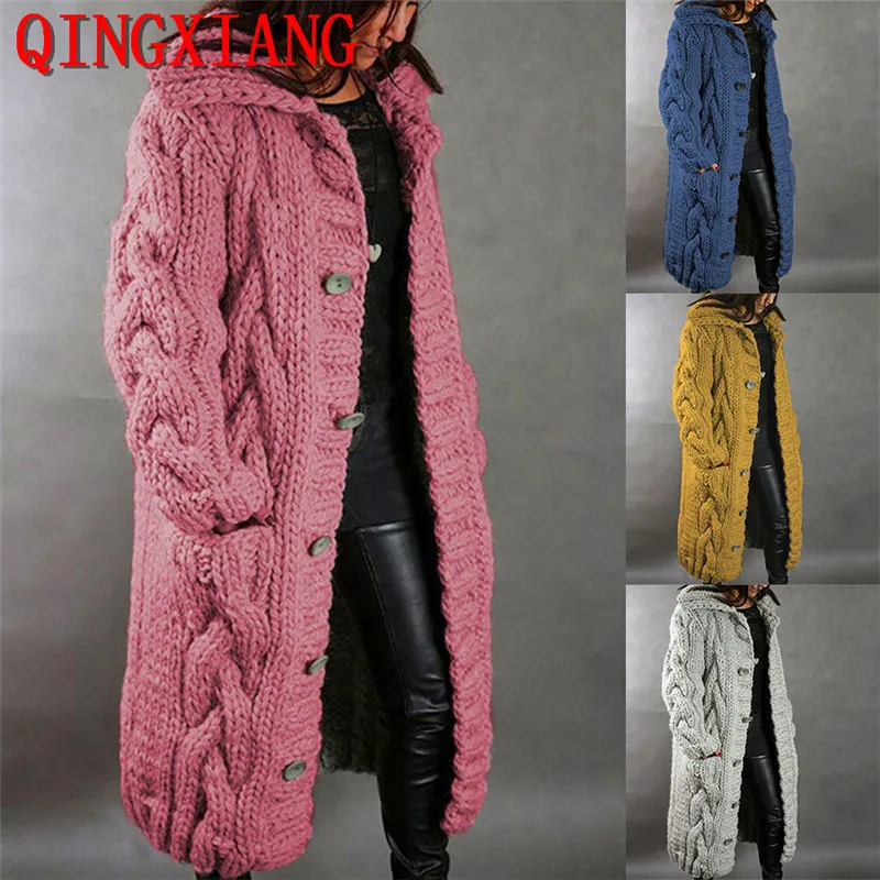 

15 Colors S-5XL Coarse Knitted Street Wear Loose Sweater Coat With Pocket Fashion Women Thick Cardigans Long Knitwear Cloak