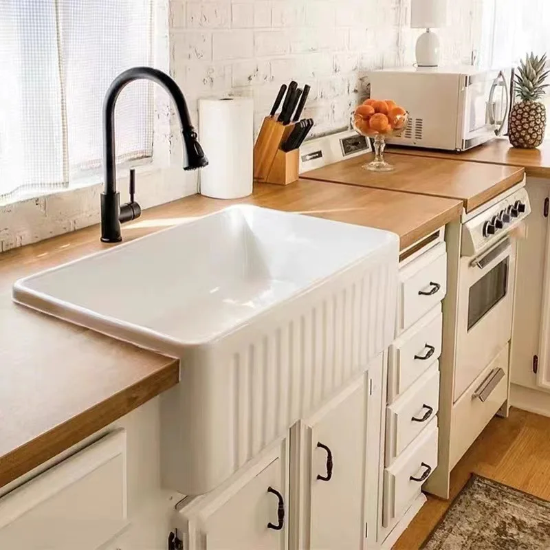 Single Bowl Farmhouse Kitchen Sink ,Ceramic with Cutting Board ,Grid & Strainer-White 24/33 Inch