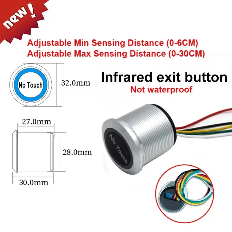 Door Access Button Waterproof Contactless No Touch Sensor Exit Switch Induction Type Release Exit Button Switch Access Control DC12V/24V With LED