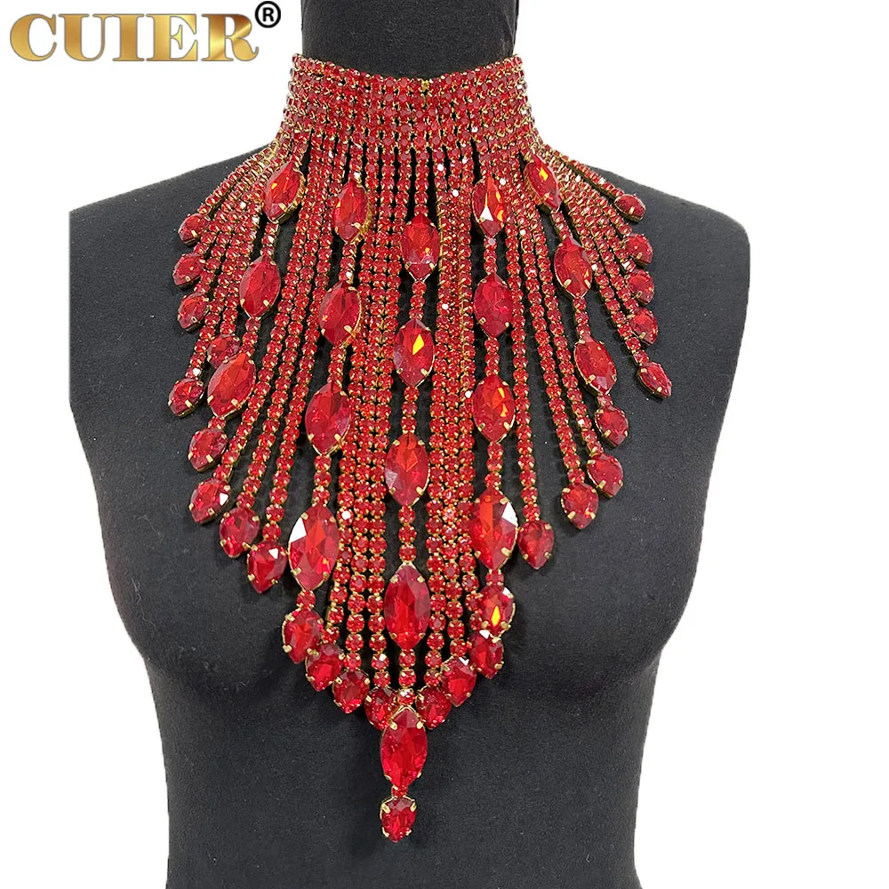 CuiEr SS28 Stunning Crystal AB Long Lrregular Tassel Necklace for Women Choker Jewelry Shiny Glass Rhinestones Wedding Accessory
