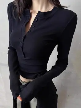 T-shirt da donna con collo a polo T-shirt da donna a maniche lunghe con bottoni sexy T-shirt da donna slim nera giovanile elegante estetica sintetica di lusso