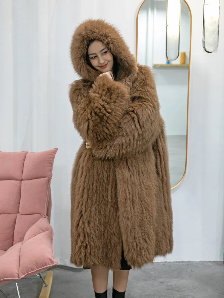 2023 Imported Real Fox Fur Coat Female Hooded Long Fur Young Women's Clothes High Street Fashion Classic Warmth Slim Fur Jackets