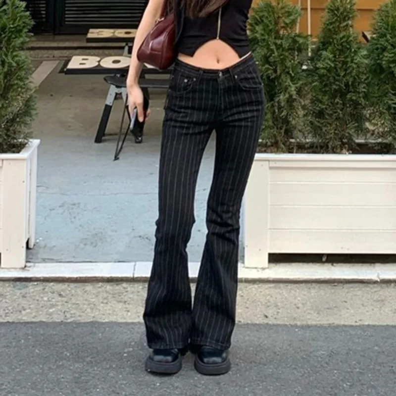 PixieKiki 2000s Clothes Y2k Low Rise Boot Cut Jeans Woman Casual Black Striped Denim Trousers Streetwear Flare Pants P77-FC43