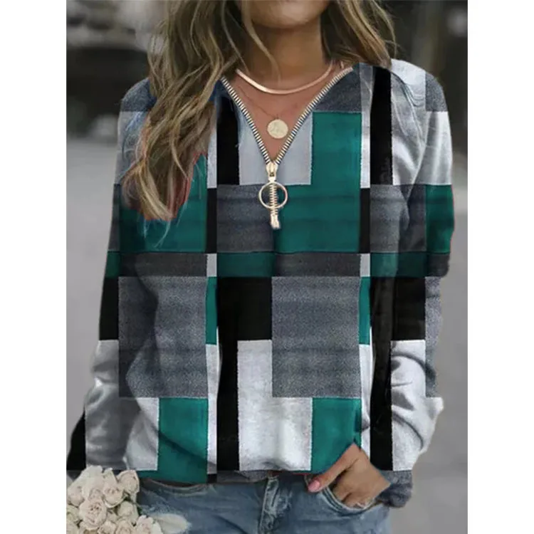 

2022 Autumn and Winter New Tops European and American Women's Plaid V-neck Women's Sweater Sweater Jacket Women