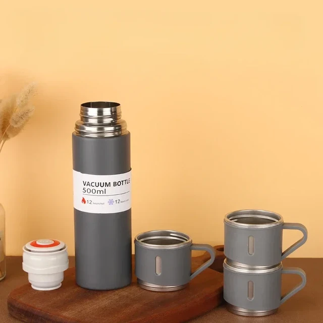 500ml Stainless Steel Coffee Thermo Vacuum Flask Set, Insulated Water Bottle  with Three Cups for Hot