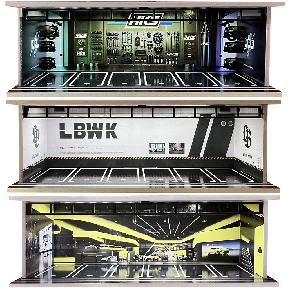 Meiduoxing 1:64 Scale Car Garage Diorama Models Set Model Parking Space Car Parking Space with lights Simulated decoration scene