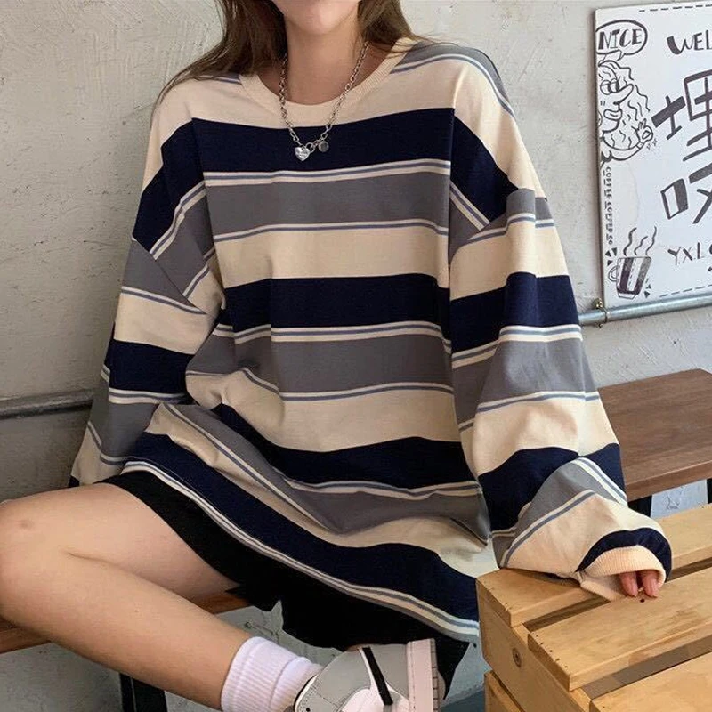 Autumn Hoodies Striped Oversized Sweatshirt Women Harajuku Pullovers Korean Fashion Couples Matching Long Sleeve Tops Streetwear autumn winter men s women s hoodies sweatshirts casual solid color drawstring hoodie streetwear couples hoodie solid color худи