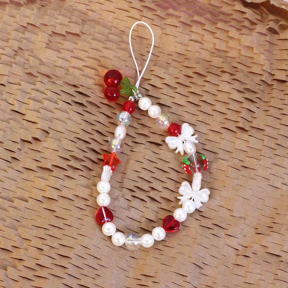 Trendy Red Cherry Bowknot Pearl Phone Charm Bracelet Keychain Strap