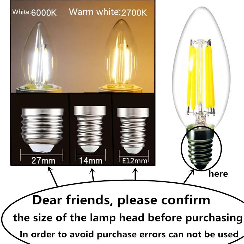 Warm White 2700 Kelvin 200LM iRotYi E12 Base Lamp Dimmable 2W AC 120V LED Filament Light Clear Candle Bulbs C35 20W Incandescent Bulbs Replacement 1-Pack