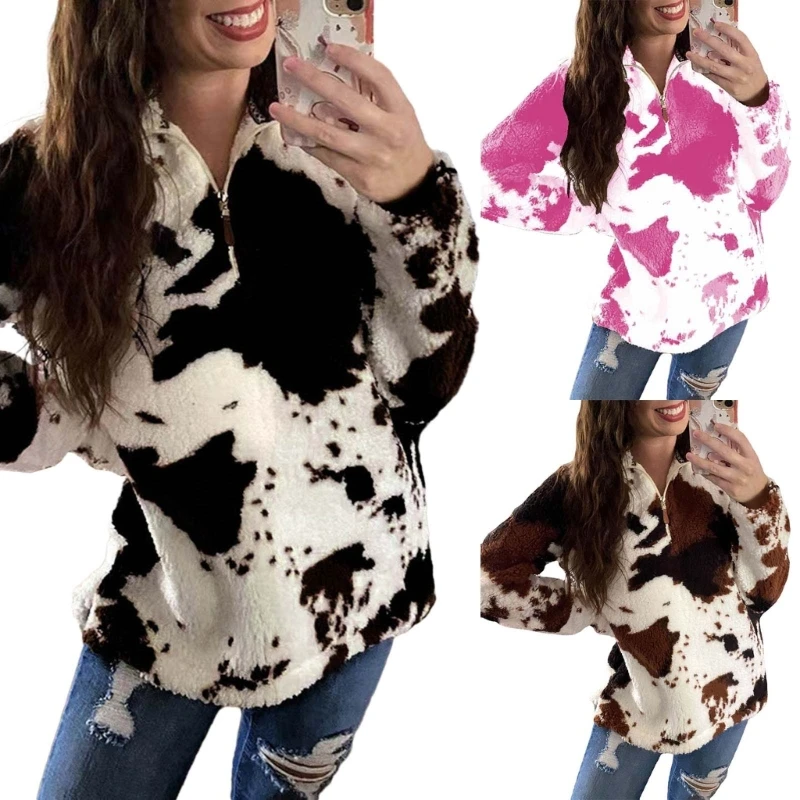 

Womens Fleece Sweatshirt 1/4 Zipper Long Sleeve Shirts for Womens Autumn Thick Tops Cow Print Plush Tops P8DB