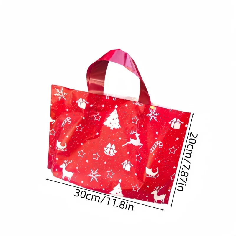 10 Red Plastic Christmas Gift Bags - Durable holiday tote bags perfect for Christmas, New Year, Valentine's Day