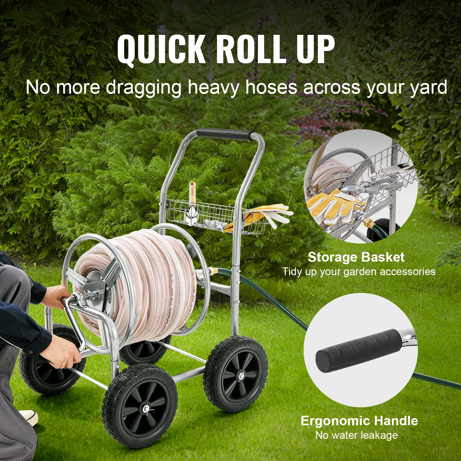 SucceBuy Hose Reel Cart Hold Up to 300 ft of 5/8’’ Hose Garden Water Hose Carts Mobile Tools with 4 Wheels Powder-coated Steel