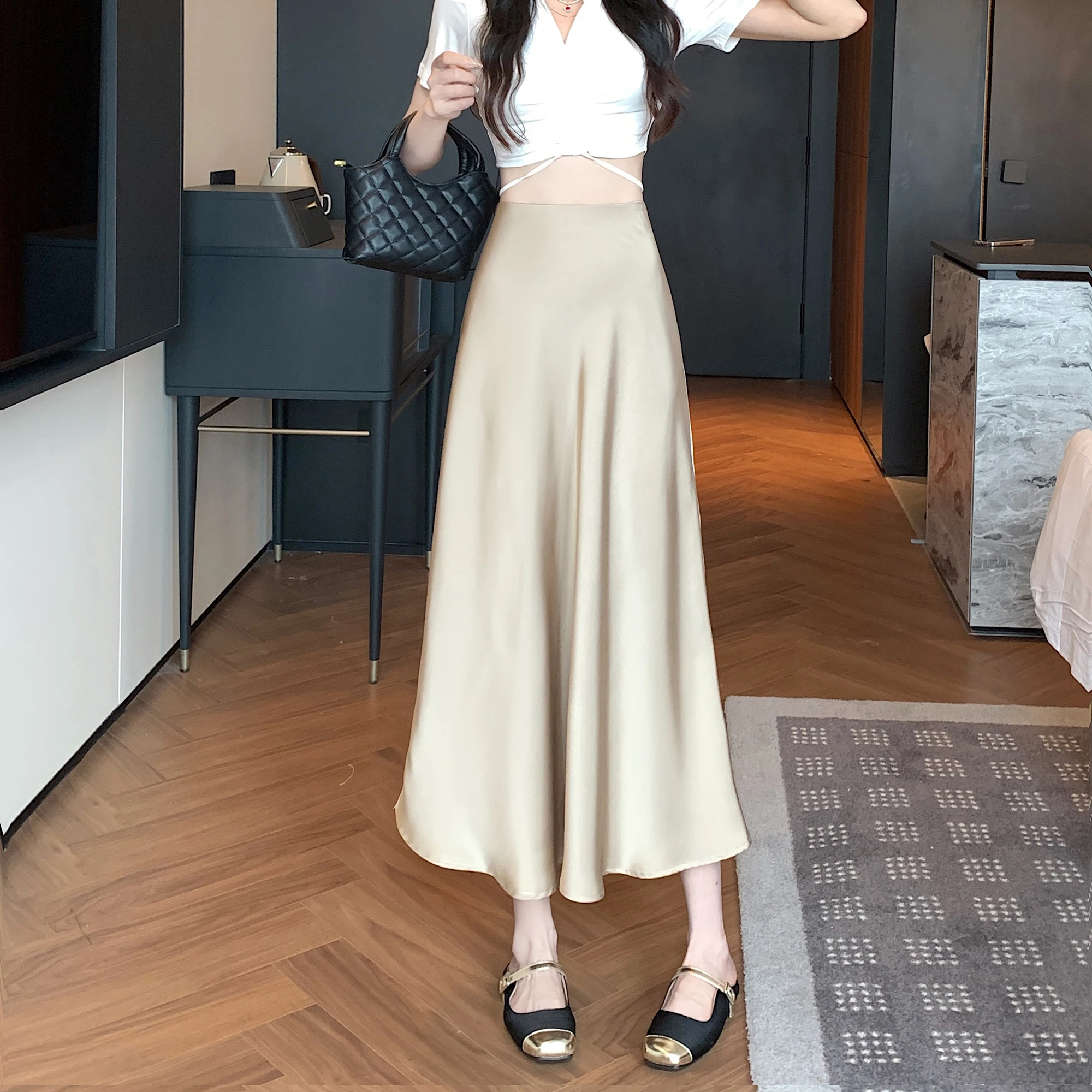 Acetate Satin Skirt for Women 2023 New Korean Fashion Solid Color Elegant A-line Long Skirt Thin Vintage Female Clothing 2023 new summer men s jeans thin bruce