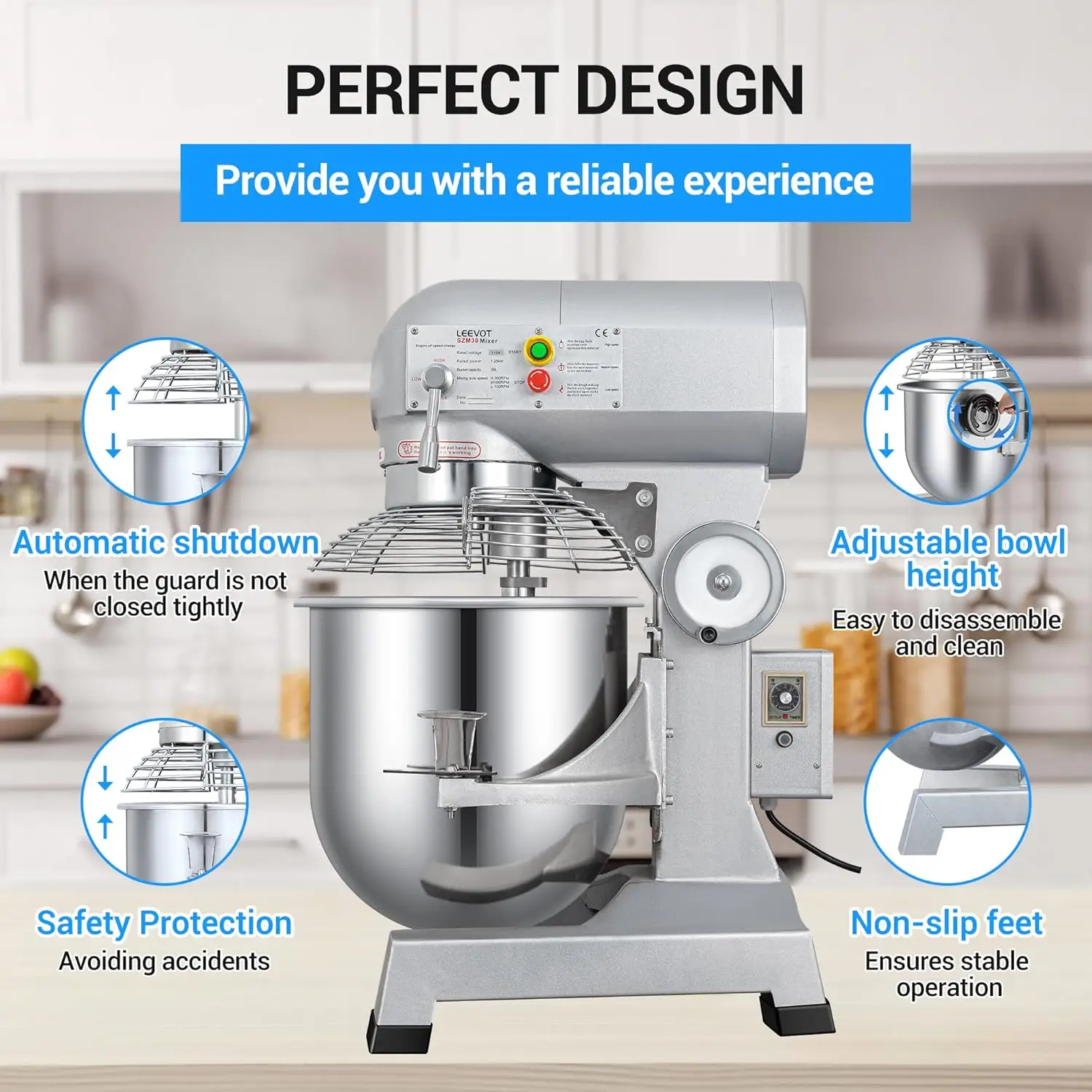 1250W Commercial Food Mixer, Commercial mixer 3-Speed Adjustable Heavy Duty Stand Mixer with Stainless Steel Bowl for Bakery Piz 6