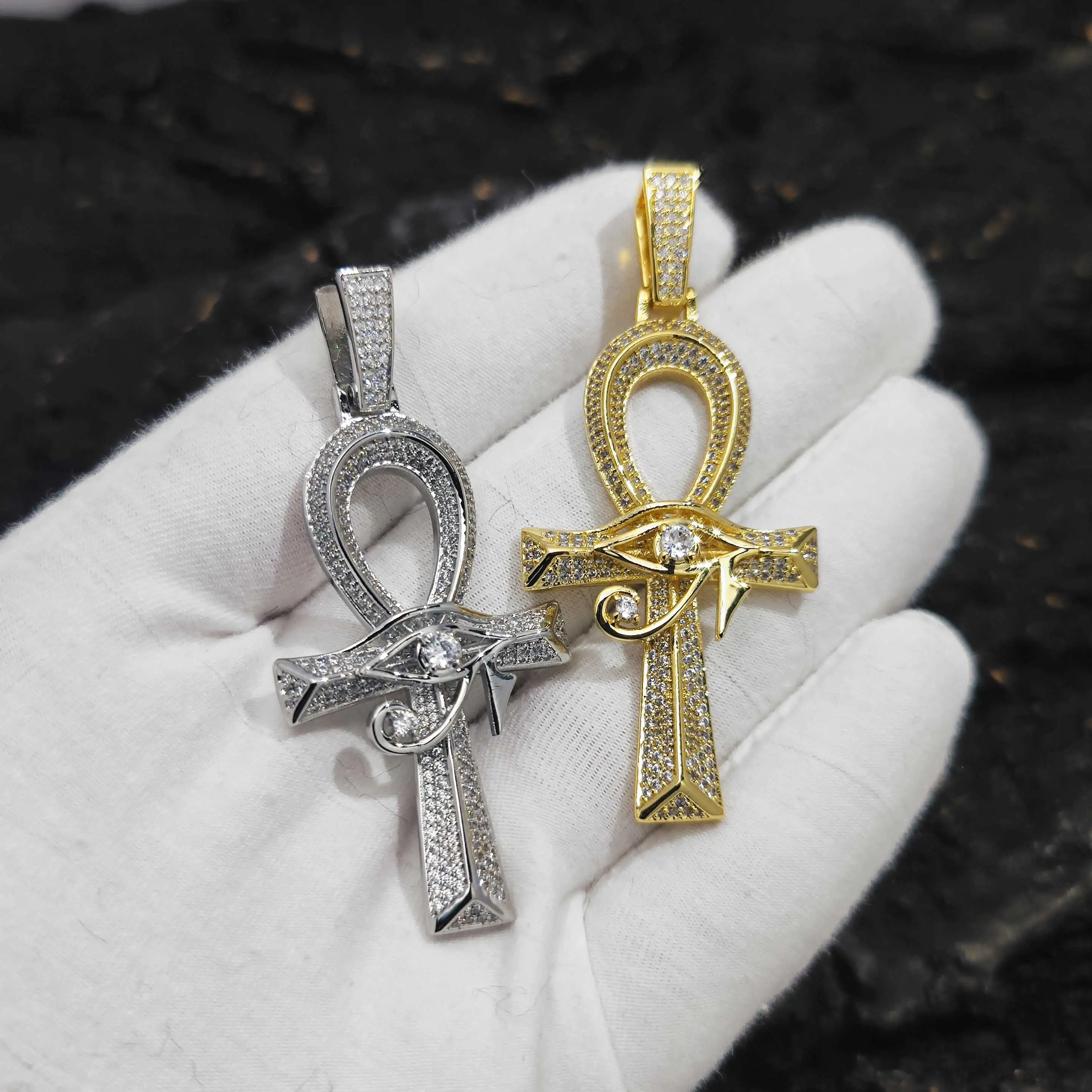 Collana Uomo Donna Con Ciondolo Amuleto Occhio Di Horus Egizio E Croce, Placcata Oro, 50cm