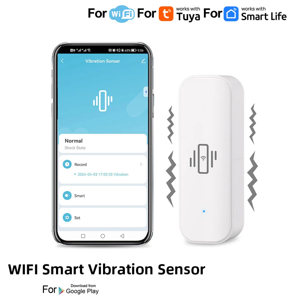 

Умный датчик вибрации для Wi-Fi, совместимый с умными домами, дистанционное управление, мониторинг в режиме реального времени, простая установка