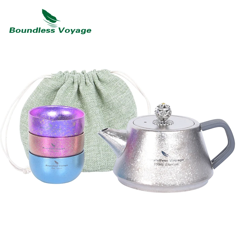 

Boundless Voyage 300ml Titanium Tea Pot Single Layer Tea Kettle Cup Sets Camping Office Teapot With Filter Mini Cups