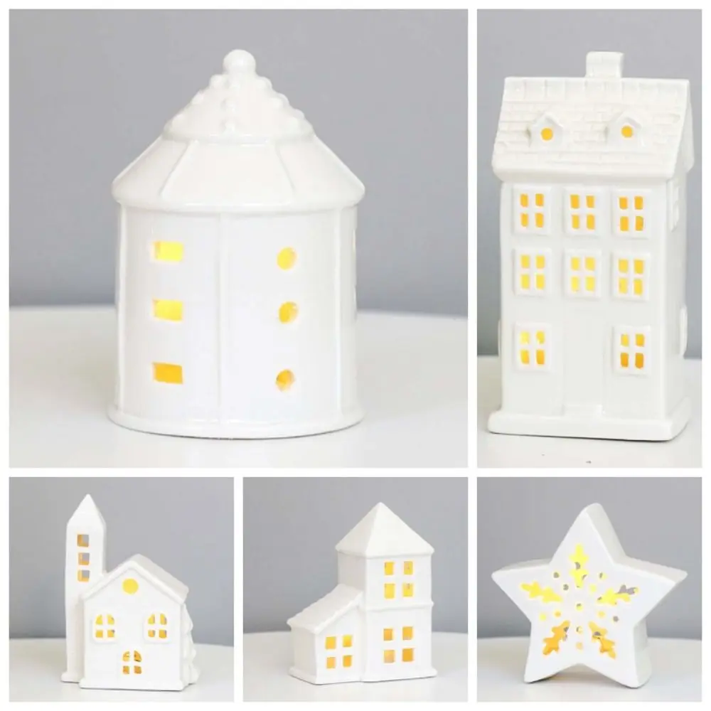 Ceramic Porcelain Lamp Ornament LED Exquisite Christmas Atmosphere Lights Warm Glow Button Batteries House-shaped Night Lamp