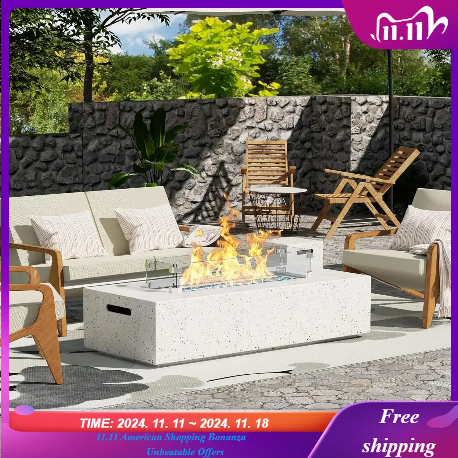 NAGA HABNA 56 Inch Propane Fire Pit Table, Outdoor Rectangle Fire Table w Tank Table (50,000 BTU), 3 Piece Gas Fire Pit