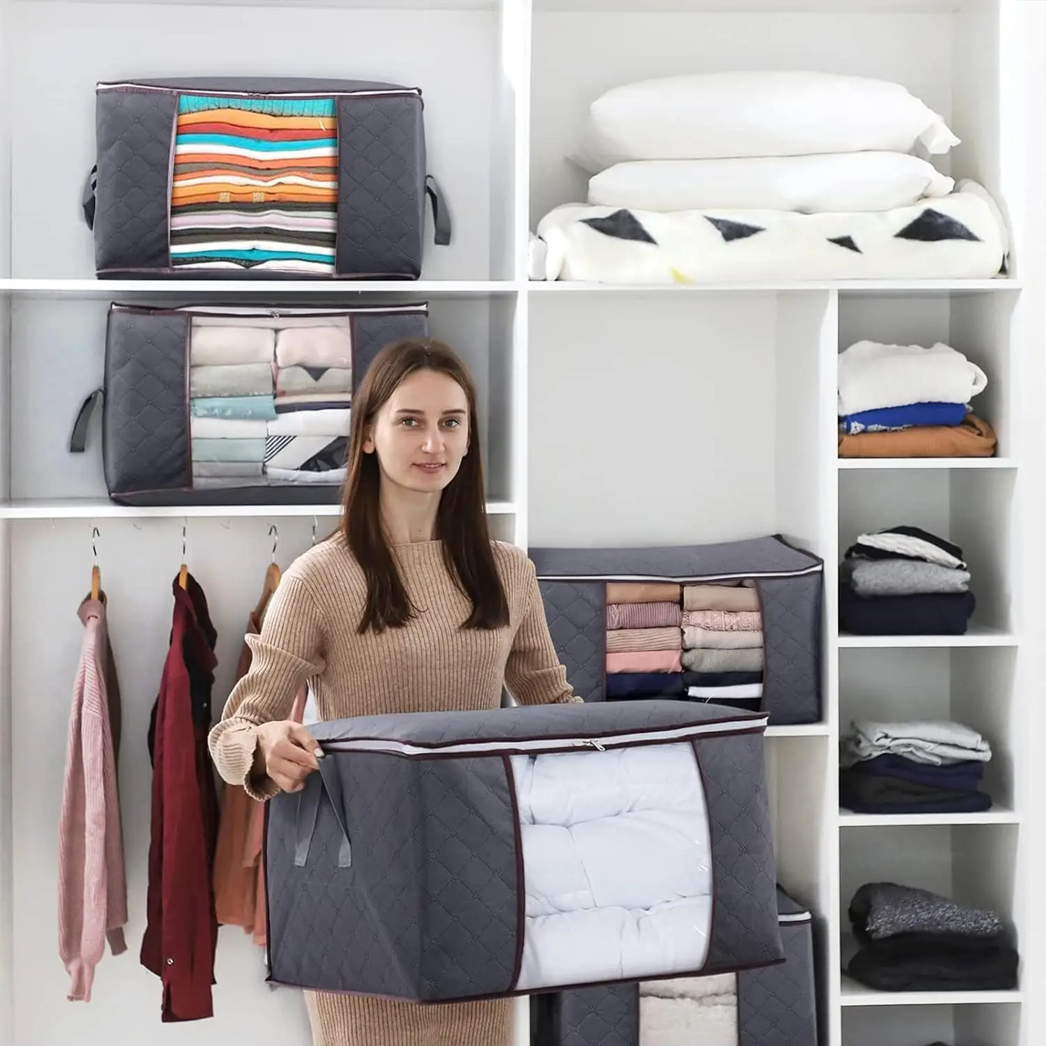 Storage Bags with Clear Window Wardrobe Organiser Foldable Storage Boxes for Clothes Duvets Bedding Blankets High Quality 5