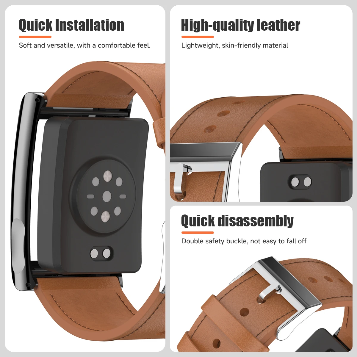 Premium Leather Sport Band with Metal Frame - Adjustable Quick Release Fitness Tracker Wristband Replacement Strap