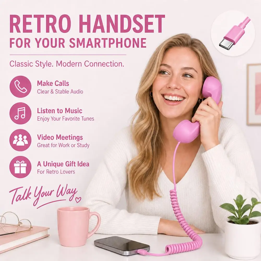 Vintage Handheld Phone Receiver with Type-C Connection and Tangle-Free Cord