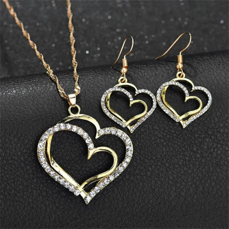 3 Pcs Set Heart Shaped Jewelry Set of Earrings Pendant Necklace For Women Exquisite Fashion Rhinestone Double Heart Jewelry Set Mallzona