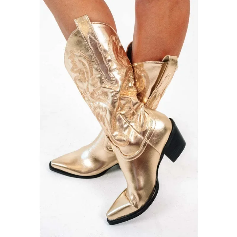 Cowboy White Western Boots New Punk Cool Cowgirl for Women Mid-Calf Boots Embroidery Chunky Heeled Boots Women's Calf Boots - 4