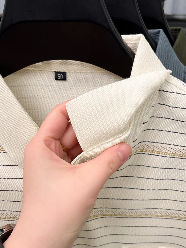 High quality stripe men short sleeve polo shirt light luxury pocket comfort breathable summer silky cotton casual lapel T-shirt 25